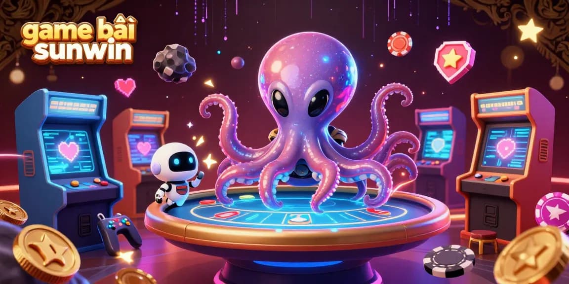 Engage in thrilling game bài sunwin with a vibrant 3D scene featuring an alien octopus and poker chips.