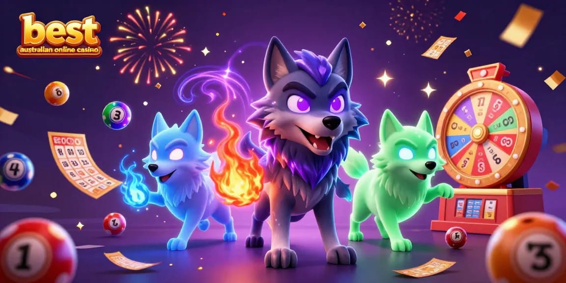 Experience the excitement at the best australian online casino with a vibrant 3D scene featuring animated wolves and lottery elements.