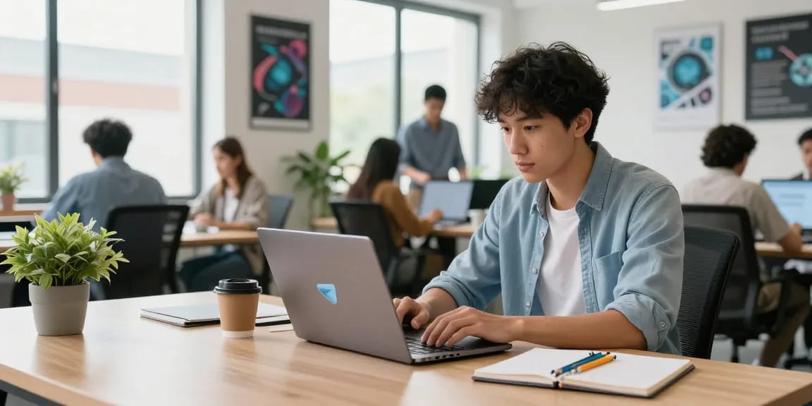 Utilizing Telegram Web Version on a laptop in a modern workspace, surrounded by collaborative tech enthusiasts.