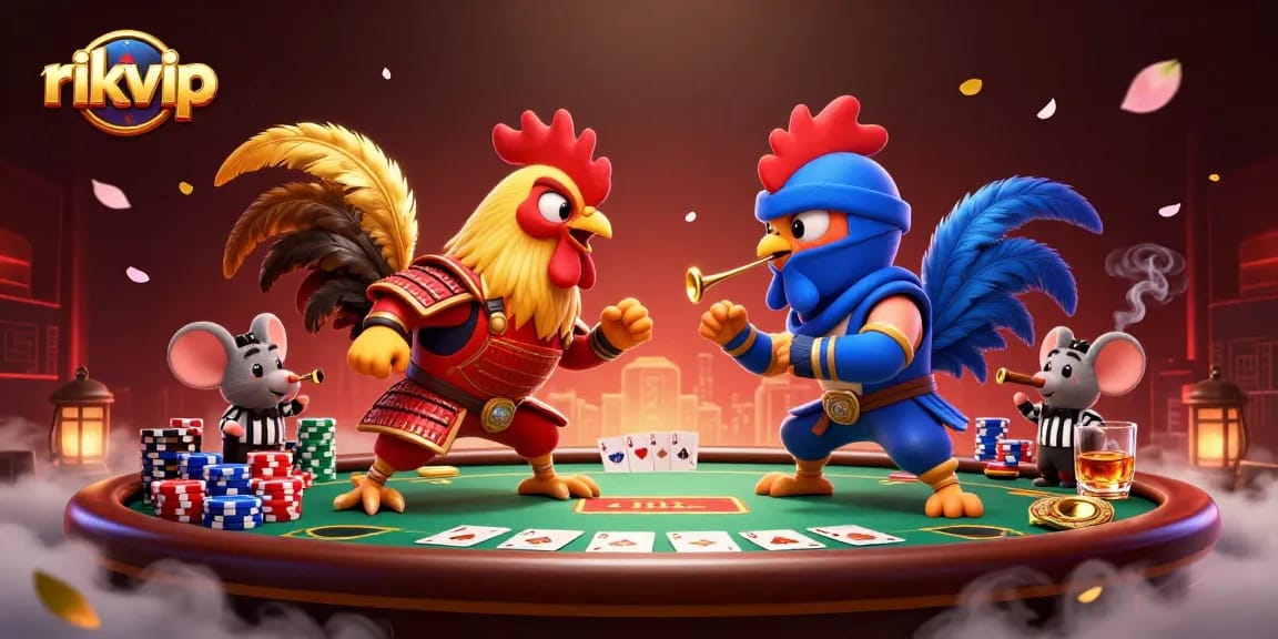 Engage with rikvip's thrilling adventures featuring a dramatic poker showdown and intense rooster duel.