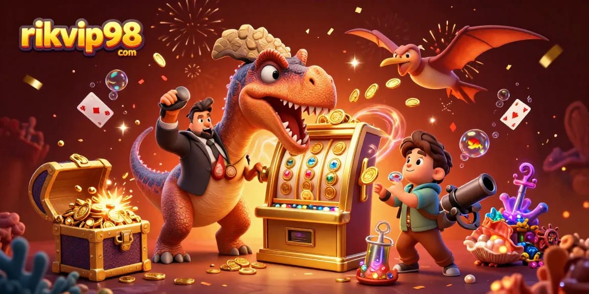 Experience thrilling jackpots at rikvip98 com with a cartoon dinosaur winning coins at a slot machine.