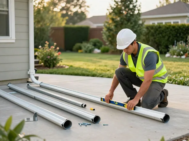 Seamless Spokane gutter installation with contractor measuring components in a residential setting.