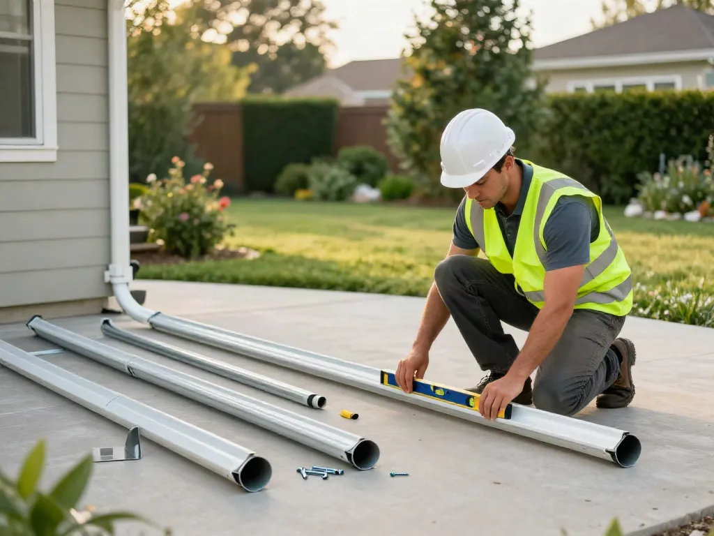 Seamless Spokane gutter installation with contractor measuring components in a residential setting.