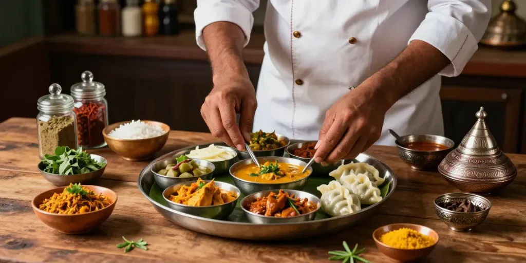 Delicious rokok 88 inspired Indian curry thali and momo dumplings.