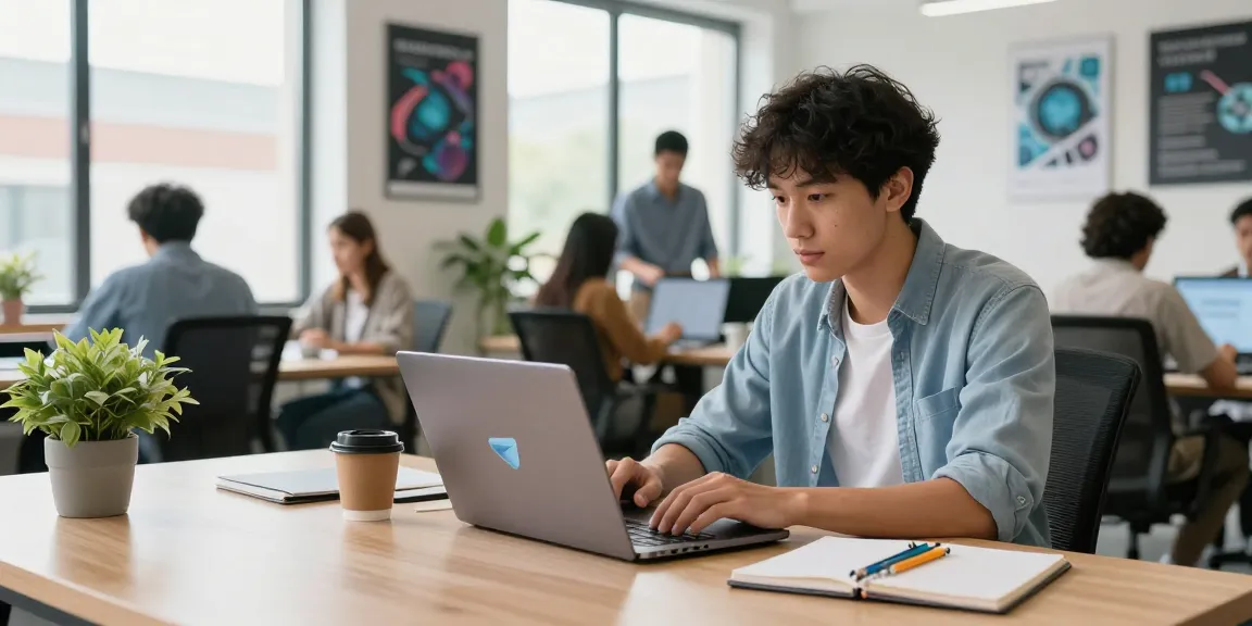 Utilizing Telegram Web Version on a laptop in a modern workspace, surrounded by collaborative tech enthusiasts.