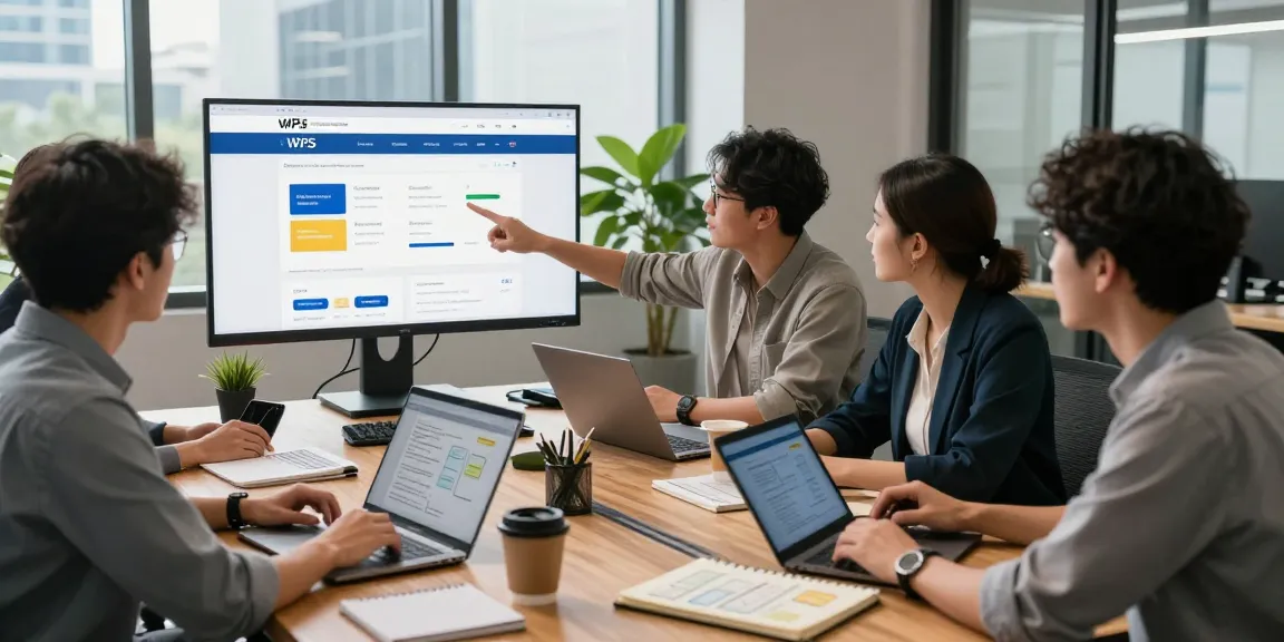 Collaborative team analyzing the WPS Official Website for productivity tools in a modern office.