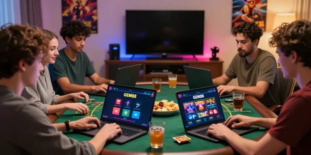 Friends enjoying an exciting GEM88 gaming session with snacks and colorful lighting.