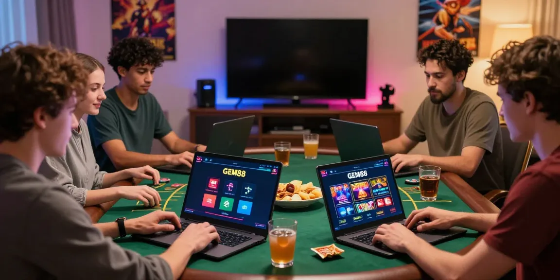 Friends enjoying an exciting GEM88 gaming session with snacks and colorful lighting.