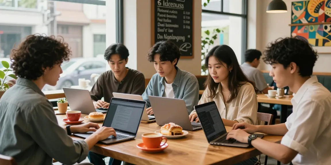 Young adults collaborating over coffee in a vibrant café highlighting the essence of rokok88.