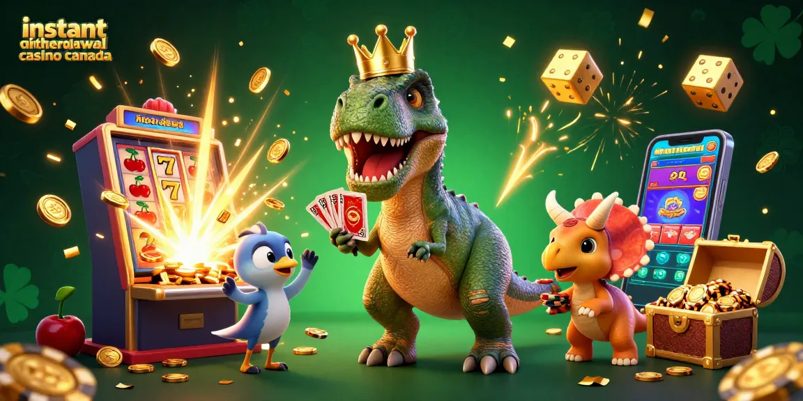 Pretend instant withdrawal casino Canada scene with T-Rex shuffling cards and golden slot machine bursting with rewards.