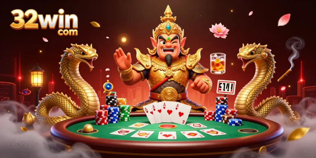 Experience the excitement of 32win com with a cartoon guardian and poker action in a vibrant casino scene.