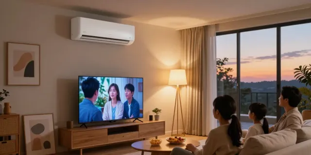 A family enjoying a movie in a cozy living room with a split ac unit, showcasing comfort and modern living.