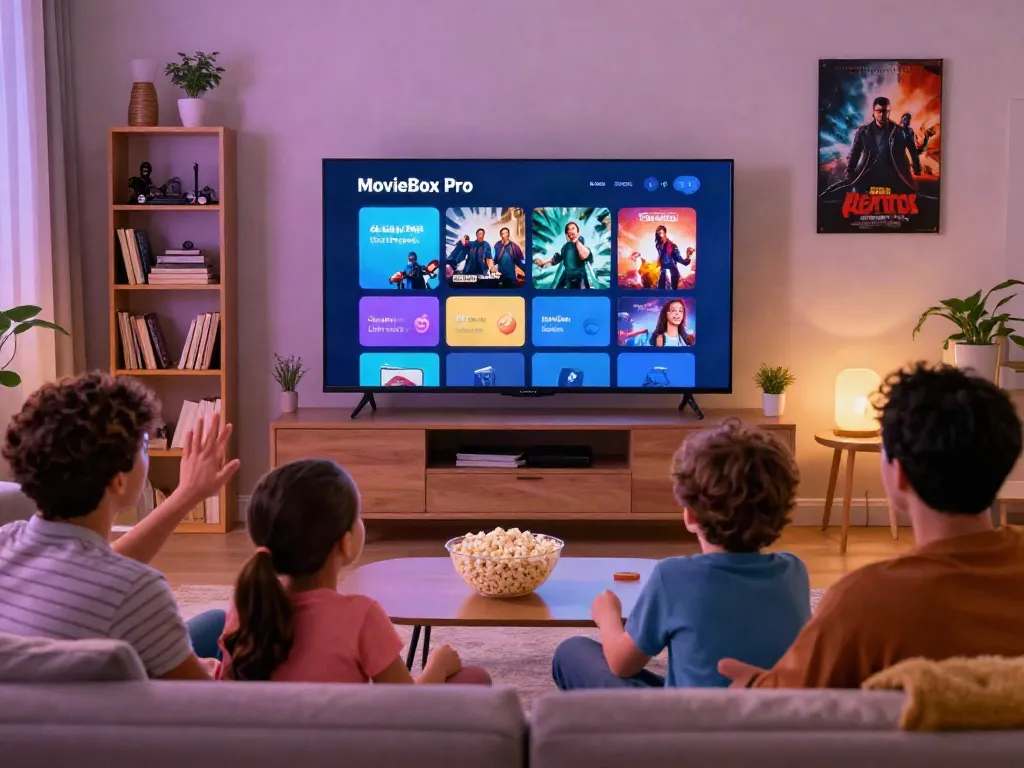 Family watching movies on MovieBox Pro in a cozy living room.