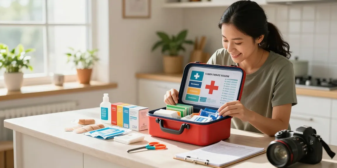 Comprehensive first aid box items list with essential supplies and caregiver in a bright kitchen.
